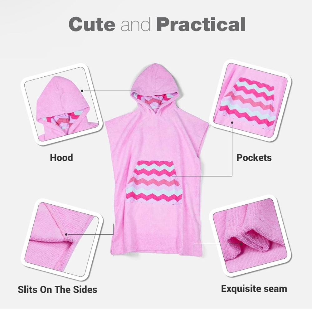 Towel Poncho for Kid, Beach Cover Up with Hood Zip Pocket - Picture 2 of 4